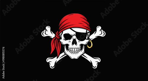 A pirate flag with a skull, eye patch, bandana, gold earring, and crossed bones