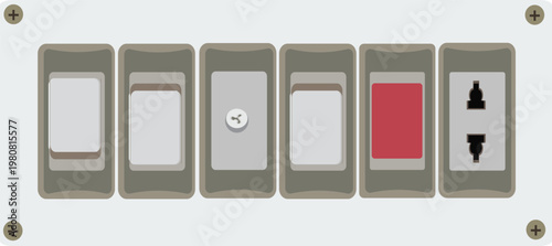 A row of folders with documents stands on a white background near a sleek plastic power switch and a glowing energy icon for modern computer technology control