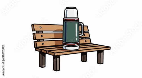 A retro thermos flask stands upright on a rustic wooden park bench