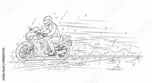 A rider in a helmet on a fast motorcycle speeds through puddles and rain