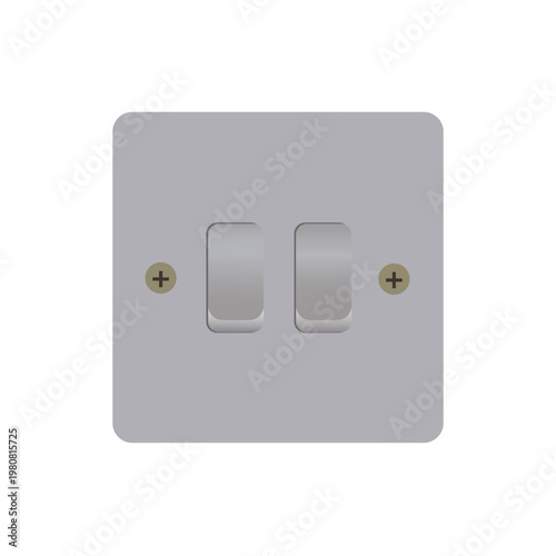 A white plastic power switch and electrical outlet socket are isolated on a wall to control the home energy plug and toggle light equipment on or off