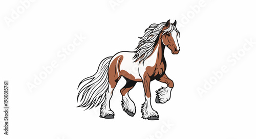 A pinto horse with flowing mane and tail, depicted in a cartoon style