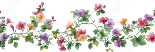 A horizontal watercolor design featuring a floral garland. The image showcases flowers in red, orange, and purple, with green foliage and stems