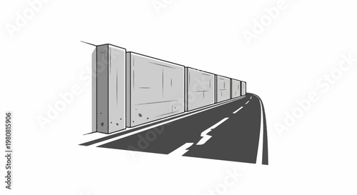 A road curves alongside a grey concrete barrier under a white sky