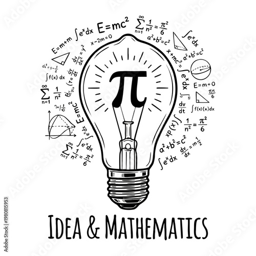 A black and white vector graphic illustration depicting a glowing light bulb with the mathematical Pi symbol, surrounded by complex equations, representing scientific innovation.