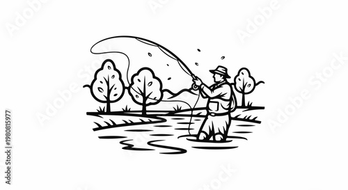 A person fishes in a river with trees and hills in the background