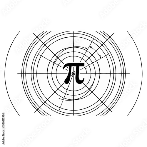 A black and white vector graphic illustration featuring the mathematical pi symbol centered within a complex system of circular lines