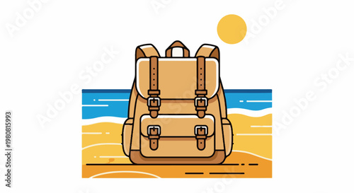 A minimalist illustration of a tan backpack on a beach with a yellow sun
