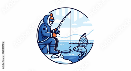 A person ice fishing with a fish biting the bait in the water
