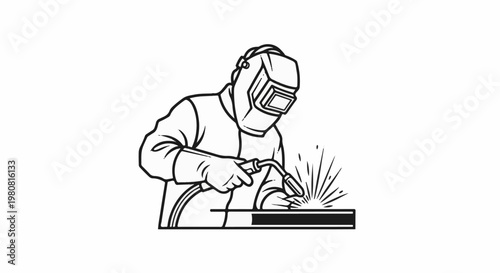 A simplified black and white drawing of a welder at work, creating sparks