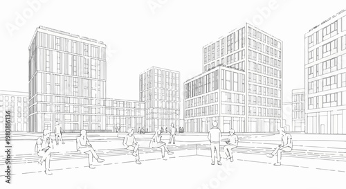 A minimalist line art sketch depicts a modern urban plaza with people relaxing