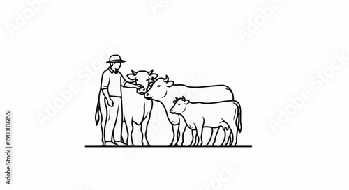 A person in a hat stands by cows and a calf in a minimalist illustration