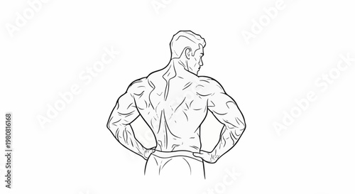 A minimalist line drawing of a muscular person's back, hands on hips