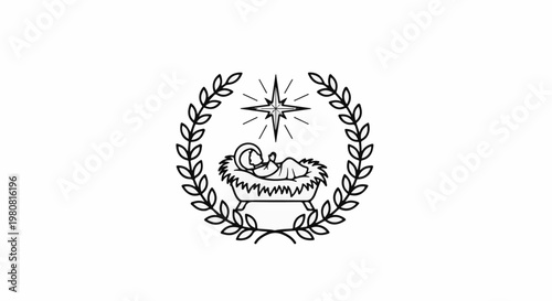 A manger with a baby and star, framed by leaves