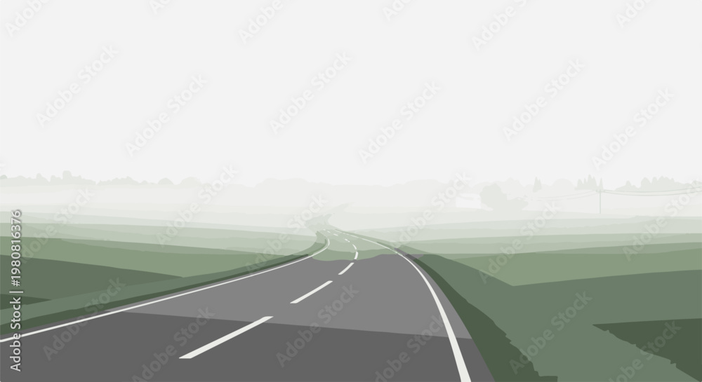 Obraz premium A misty road curves through layered green hills under a pale sky