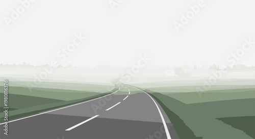 A misty road curves through layered green hills under a pale sky
