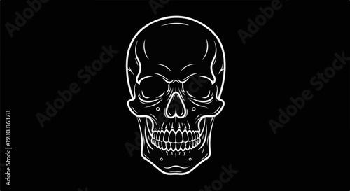 A minimalist white outline of a skull on a stark black background