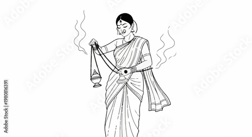 A person in traditional attire holds an ornate incense burner, smoke rising
