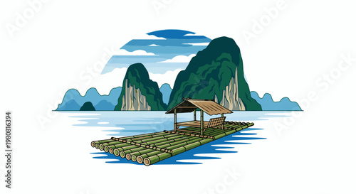 A pixel art scene of a bamboo raft with a hut on a tranquil blue sea with rocky islands