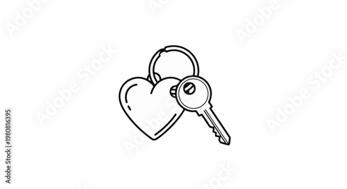 A simple line drawing depicts a heart-shaped padlock with a single key