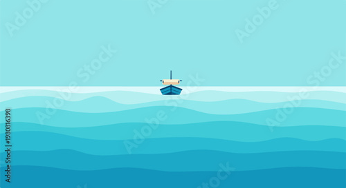 A simple blue boat sails on serene, wavy turquoise waters under a pale sky