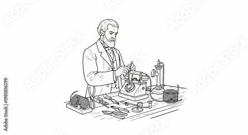 A man in a suit tinkers with a vintage telephone and tools