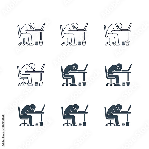 Worker Sleeping at Desk with Laptop Icon Set – Line and Silhouette Variations Illustration.