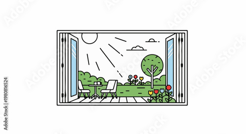 A serene outdoor patio scene with a table, chairs, and a vibrant garden