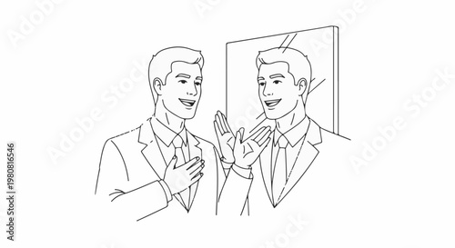 A man in a suit looks into a mirror and gestures positively toward his reflection