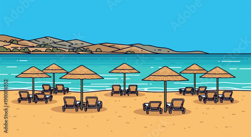 A serene pixel art beach scene with scattered loungers and straw umbrellas under a bright blue sky