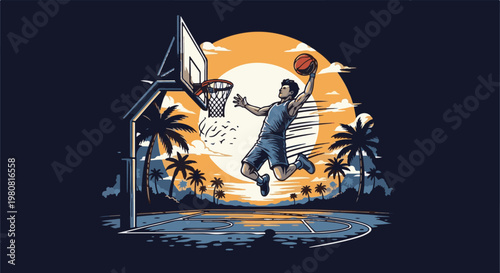 A pixelated basketball player dunks on a tropical court at sunset