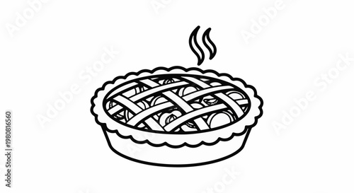 A simple line drawing of a baked pie with a lattice crust and steam rising