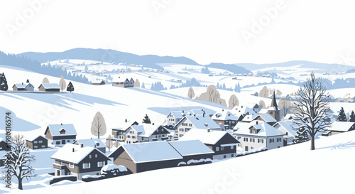 A serene, stylized winter village nestled in rolling snow-covered hills under a pale sky