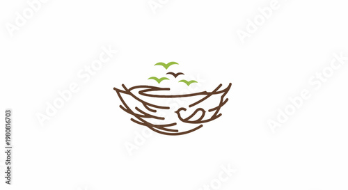 A simple line drawing of a bird's nest with a small bird and flying birds above