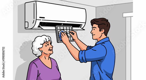 A man cleans an air conditioning filter while an older woman watches