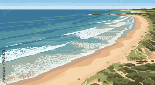 A pixelated coastal scene with blue ocean waves and a sandy beach
