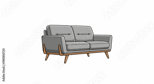 A modern two-seater sofa with grey cushions and wooden legs