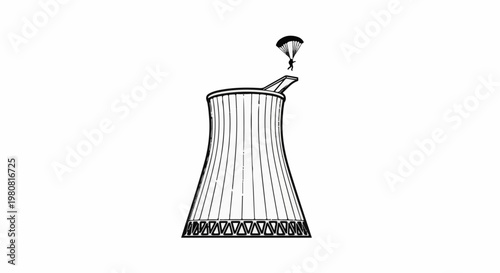 A person parachutes from the top of a cooling tower