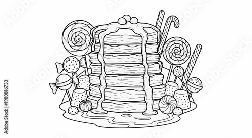 A stack of pancakes dripping with syrup surrounded by assorted candies and lollipops