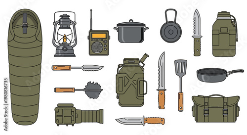 Military Camping Gear and Outdoor Survival Equipment Vector Icon Set