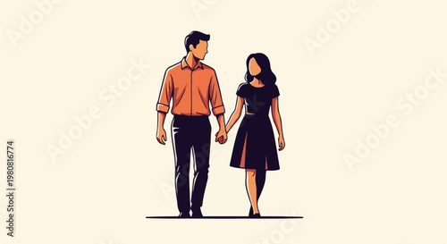 A man and woman in modern attire walk hand-in-hand against a light background