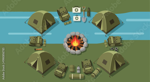 Military Camping Gear and Outdoor Adventure Equipment Vector Flat Icon Set with Tents and Campfire