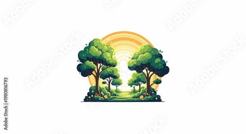 A pixelated forest path with lush trees and a glowing rainbow backdrop