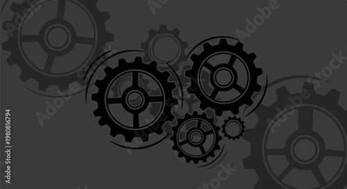 A monochromatic graphic illustration of interconnected gears in various sizes, on a dark background