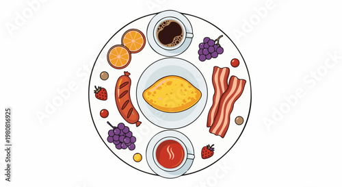 A round tray filled with breakfast foods and drinks
