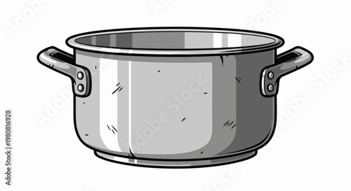 A monochrome illustration of a large cooking pot with two handles