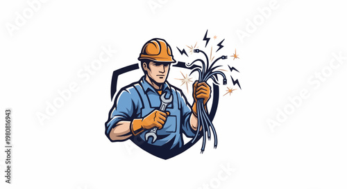 A male electrician in a hard hat and overalls holds wires and a wrench