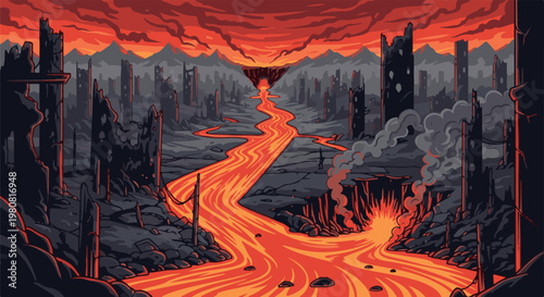 A pixelated landscape depicts a post-apocalyptic scene with molten lava flowing through ruins
