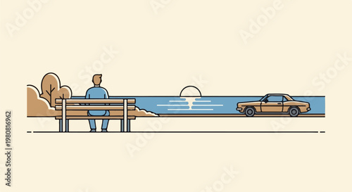 A person sits on a park bench, observing a car drive by the serene ocean