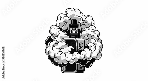 A monochrome illustration of a vaporizing device producing large clouds of smoke
